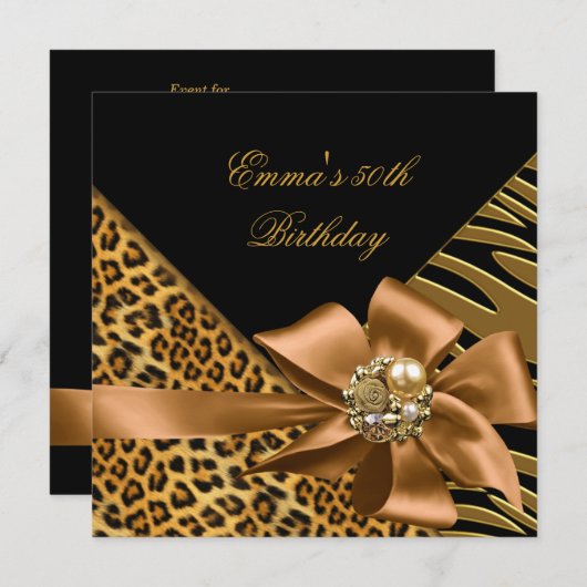 Birthday Party 50th Zebra Leopard Gold Black Kaart (Voorkant / Achterkant)