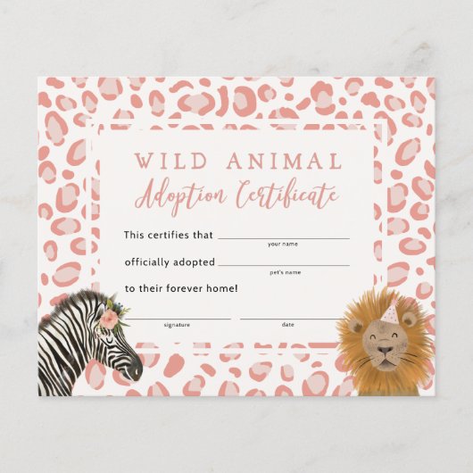 Birthday Party Adoption Certificate (roze Safari) (Voorkant)
