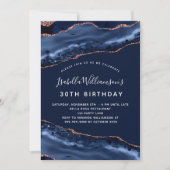 Birthday party agate marble blue roos gold luxe kaart (Voorkant)