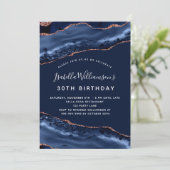 Birthday party agate marble blue roos gold luxe kaart (Staand voorkant)