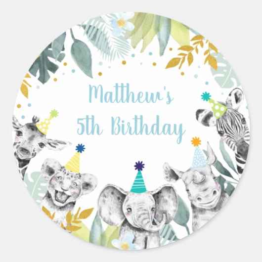 Birthday Party Animal Blue Gold Safari Ronde Sticker (Voorkant)