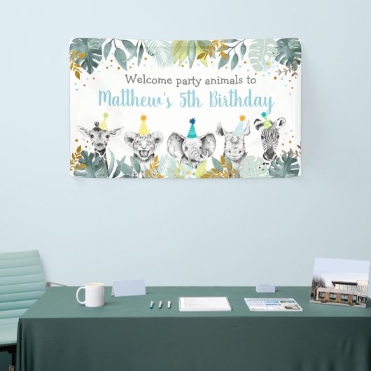 Birthday Party Animal Blue Gold Safari Spandoek (Beurs)