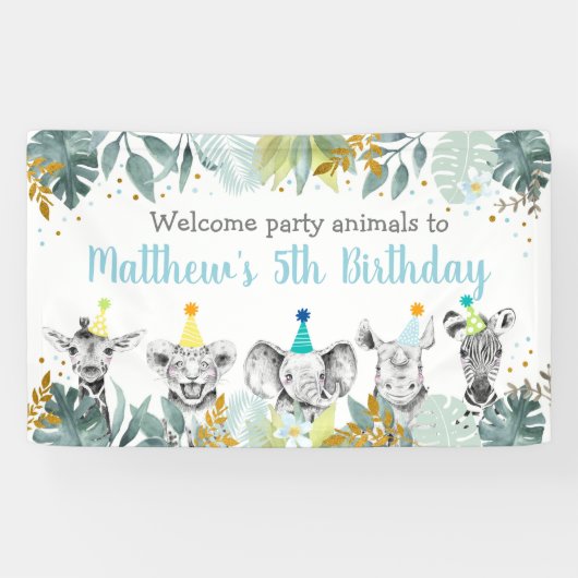 Birthday Party Animal Blue Gold Safari Spandoek (Horizontaal)