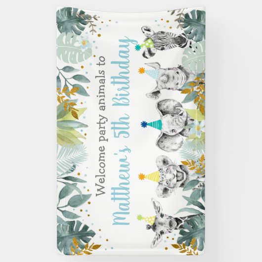 Birthday Party Animal Blue Gold Safari Spandoek (Verticaal)