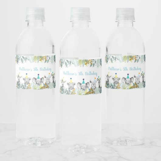 Birthday Party Animal Blue Gold Safari Waterfles Etiket (Flessen)