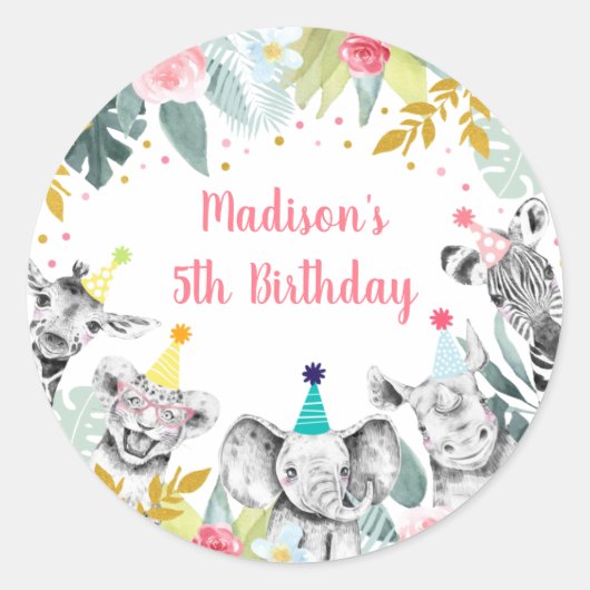 Birthday Party Animal Pink Gold Safari Ronde Sticker (Voorkant)