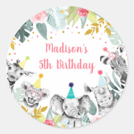 Birthday Party Animal Pink Gold Safari Ronde Sticker