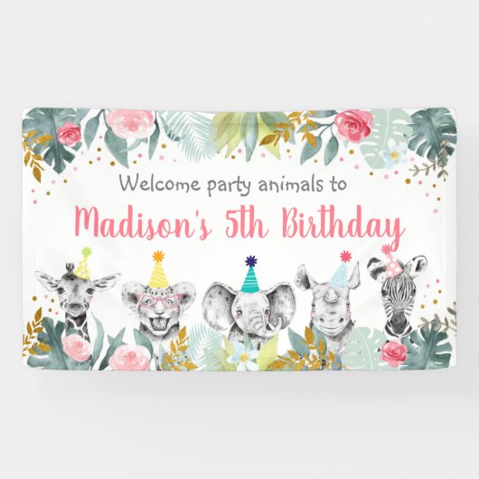 Birthday Party Animal Pink Gold Safari Spandoek (Horizontaal)