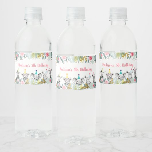 Birthday Party Animal Pink Gold Safari Waterfles Etiket (Flessen)