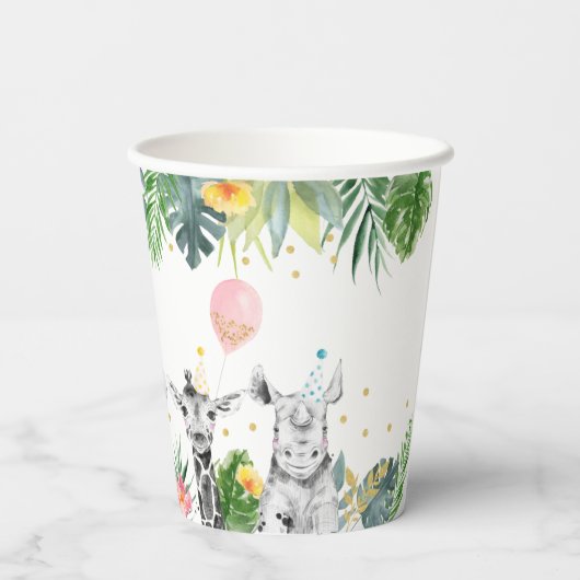 Birthday Party Animal Pink Gold Tropical Safari Papieren Bekers (Achterkant)