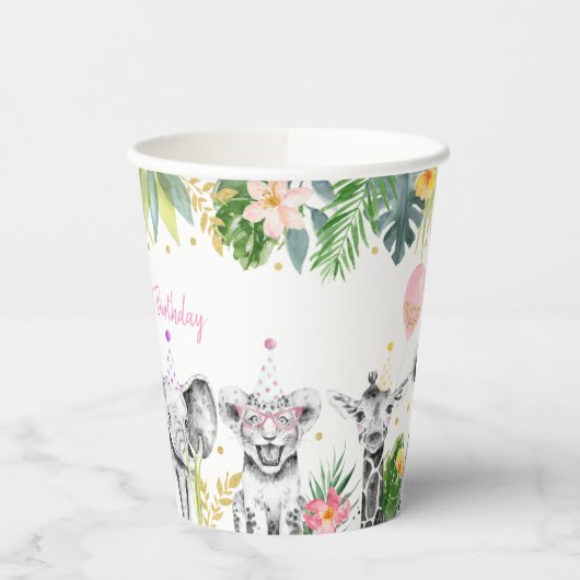 Birthday Party Animal Pink Gold Tropical Safari Papieren Bekers (Links)