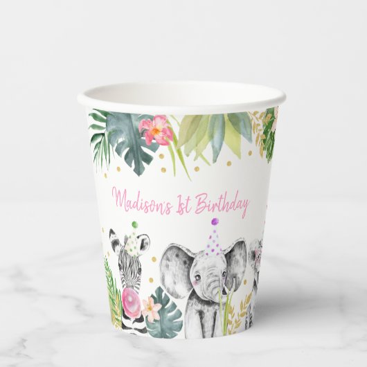 Birthday Party Animal Pink Gold Tropical Safari Papieren Bekers (Voorkant)