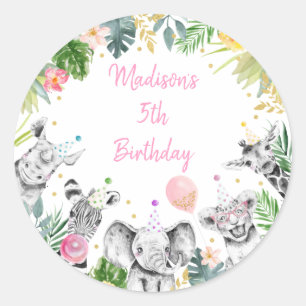 Birthday Party Animal Pink Gold Tropical Safari Ronde Sticker