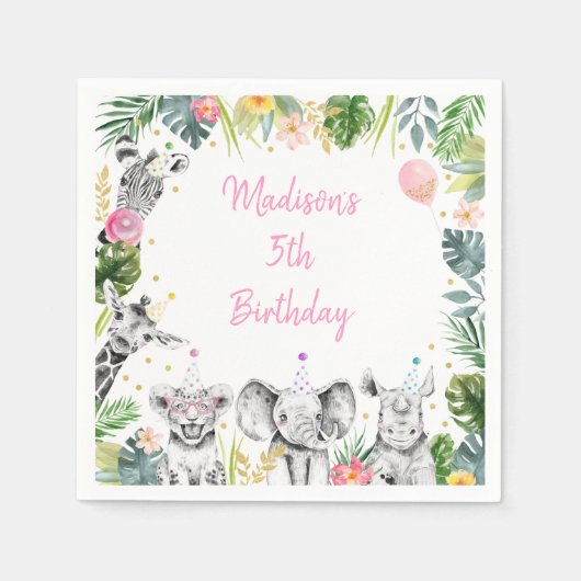 Birthday Party Animal Pink Gold Tropical Safari Servet (Voorkant)