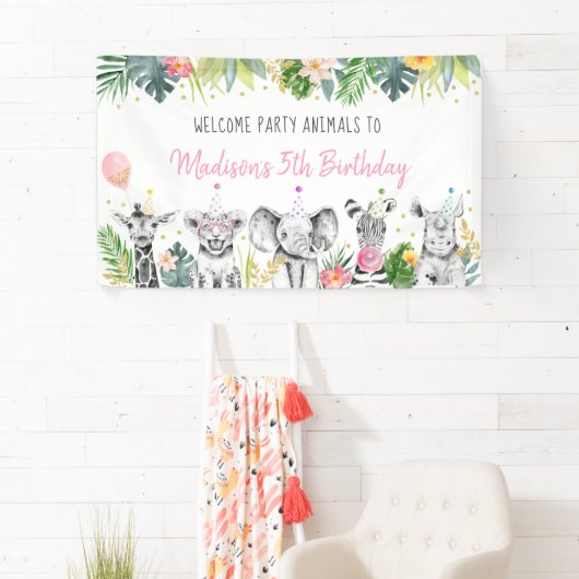 Birthday Party Animal Pink Gold Tropical Safari Spandoek (Insitu)