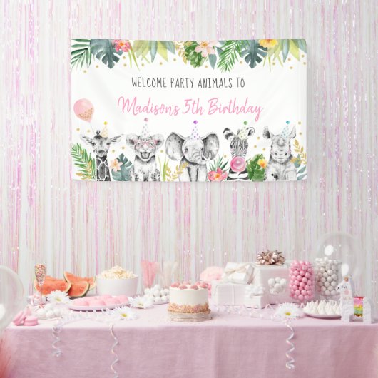 Birthday Party Animal Pink Gold Tropical Safari Spandoek (Feest)