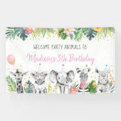 Birthday Party Animal Pink Gold Tropical Safari Spandoek (Horizontaal)