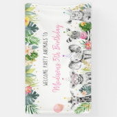 Birthday Party Animal Pink Gold Tropical Safari Spandoek (Verticaal)