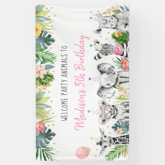 Birthday Party Animal Pink Gold Tropical Safari Spandoek (Verticaal)
