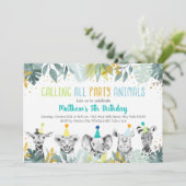 Birthday Party Animals Blue Gold Safari Kaart (Staand voorkant)