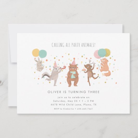 Birthday Party Animals Colorful Kids Kaart (Voorkant)