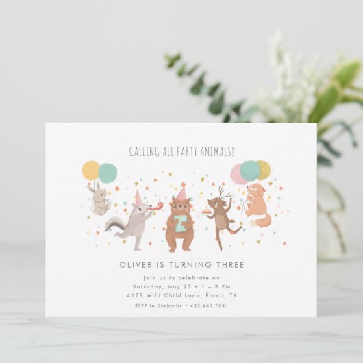 Birthday Party Animals Colorful Kids Kaart (Staand voorkant)