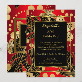 Birthday Party any age Gold Red Floral Kaart
