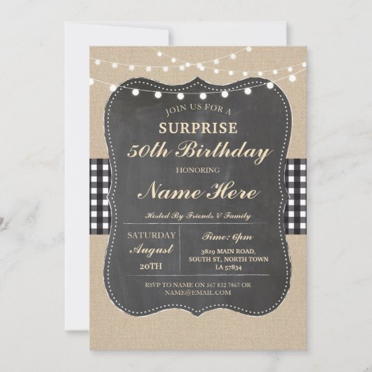 Birthday Party Any Age Rustic Burlap Black White Kaart (Voorkant)