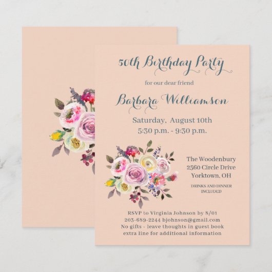 Birthday Party any Age Waterverf Flowers Kaart (Voorkant / Achterkant)