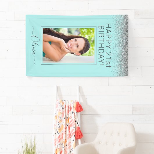 Birthday Party Aqua Blue Blauwgroen Silver Glitter Spandoek (Insitu)