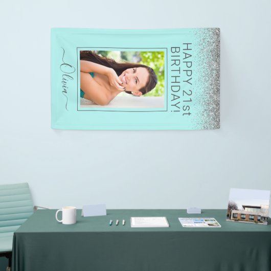 Birthday Party Aqua Blue Blauwgroen Silver Glitter Spandoek (Beurs)
