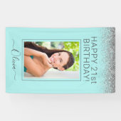 Birthday Party Aqua Blue Blauwgroen Silver Glitter Spandoek (Horizontaal)