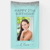 Birthday Party Aqua Blue Blauwgroen Silver Glitter Spandoek (Verticaal)