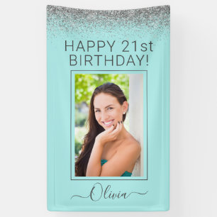 Birthday Party Aqua Blue Blauwgroen Silver Glitter Spandoek