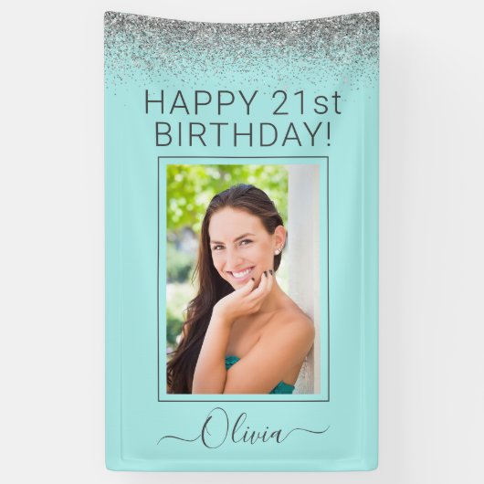 Birthday Party Aqua Blue Blauwgroen Silver Glitter Spandoek (Verticaal)