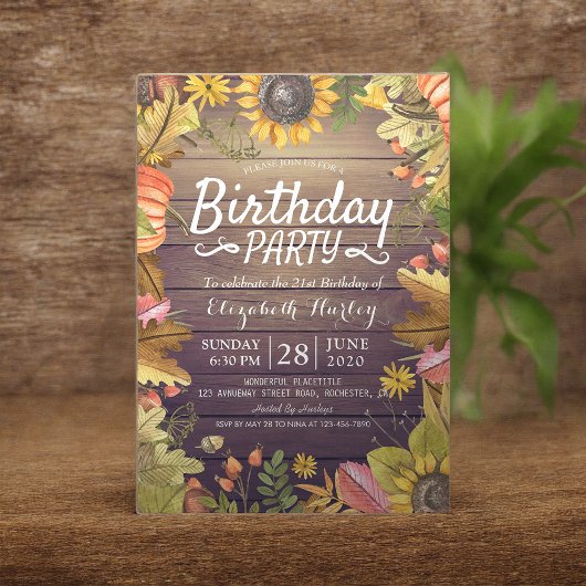 Birthday Party Autumn Maple Sunflower Pumpkin Wood Kaart