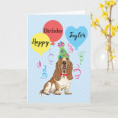 Birthday Party Balloons Basset Hound Kaart (Gele Bloem)