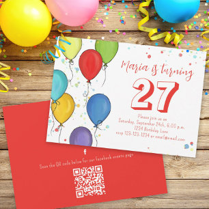 Birthday Party Balloons Confetti QR Code Facebook Kaart