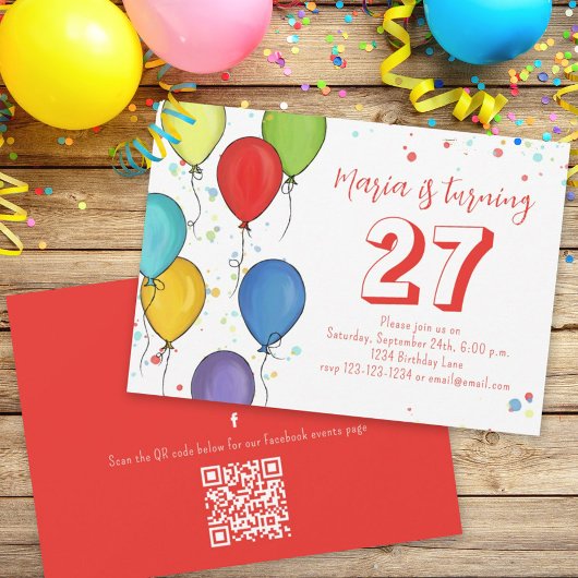 Birthday Party Balloons Confetti QR Code Facebook Kaart