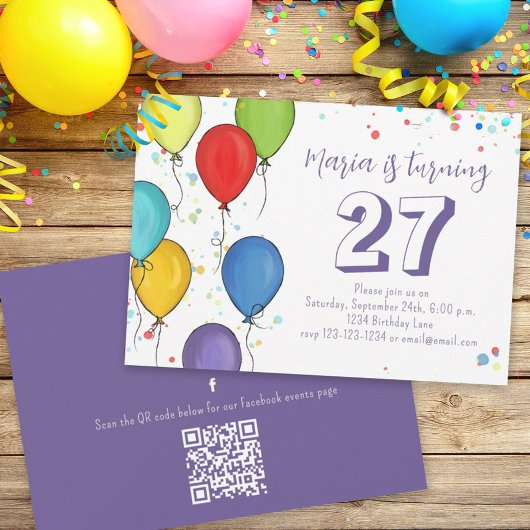 Birthday Party Balloons Confetti QR Code Facebook Kaart
