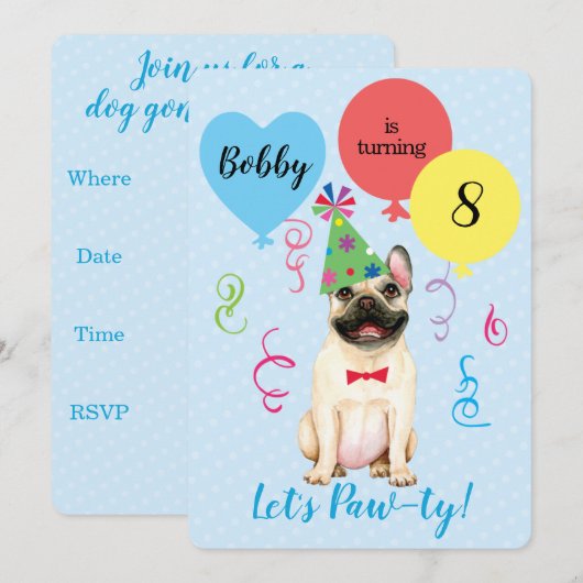 Birthday Party Balloons French Bulldog Invitation Kaart (Voorkant / Achterkant)