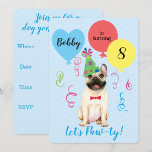 Birthday Party Balloons French Bulldog Invitation Kaart