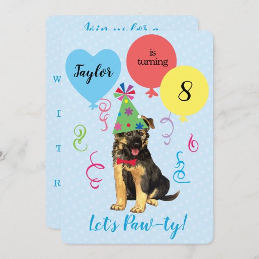 Birthday Party Balloons German Shepherd Invitation Kaart (Voorkant / Achterkant)