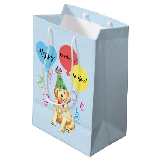 Birthday Party Balloons Golden Retriever Medium Cadeauzakje (Achterkant Gekanteld)