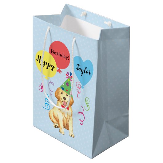Birthday Party Balloons Golden Retriever Medium Cadeauzakje (Voorkant Gekanteld)