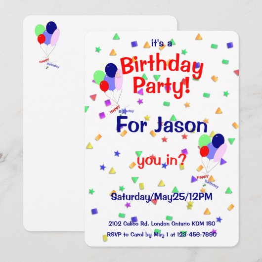 Birthday Party Balloons Invitation Kaart (Voorkant / Achterkant)
