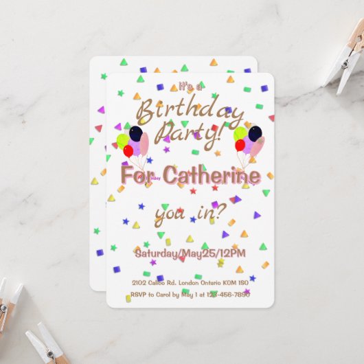 Birthday Party Balloons Invitation Kaart (Voorkant / Achterkant in situ)