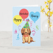 Birthday Party Balloons Longhaire Dachshund Kaart (Gele Bloem)