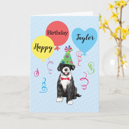 Birthday Party Balloons Portugese waterhond Kaart (Gele Bloem)