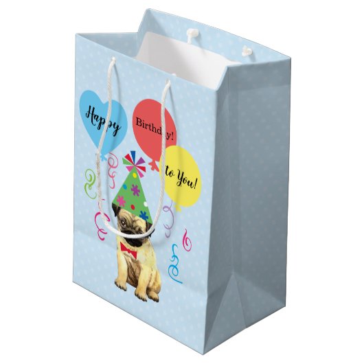 Birthday Party Balloons Pug Medium Gift Bag Medium Cadeauzakje (Achterkant Gekanteld)